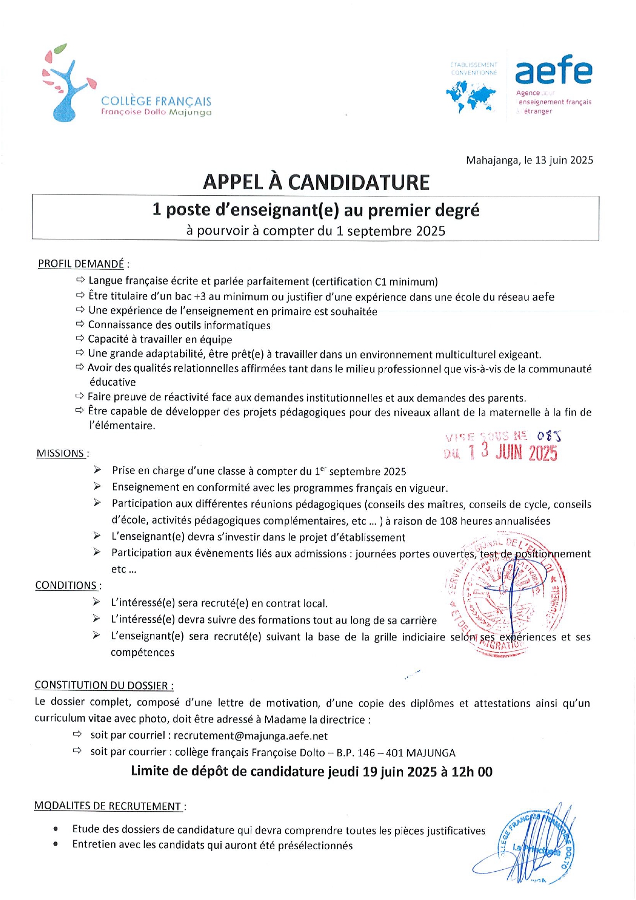 Recrutement pour le poste d’enseignant(e) au premier degré